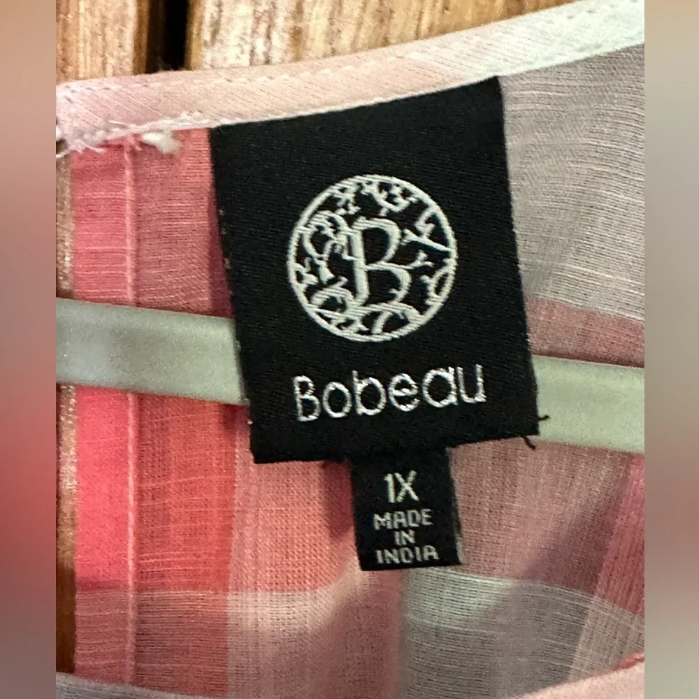 Bobeau Pink Gray White Plaid Lightweight Ruffle Sleeve Blouse - Picture 2 of 7